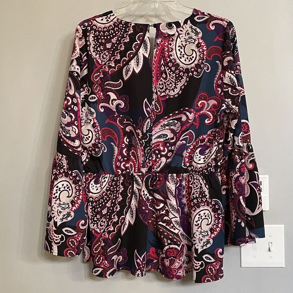 Lane Bryant Top Multicolor Paisley Print Long Bell Sleeve Wrap Blouse sz 14‎ EUC - Picture 4 of 15